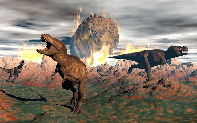 T-rex running from an asteroid